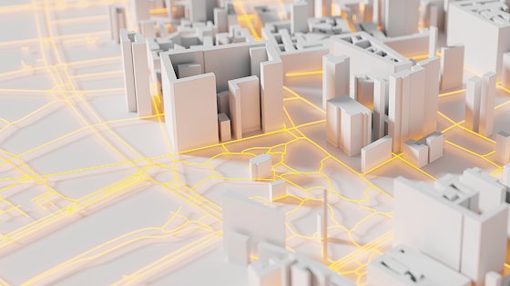 Grafik Stadt-Modell mit leuchtendem Glasfasernetz, TOSTfoto/Adobe Stock